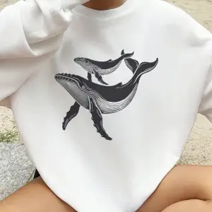 Kambur Balinalar Baskılar Tişörtü Bayan Polar Sıcak Sportif Hoodie Crewneck Gevşek Kazak Sonb