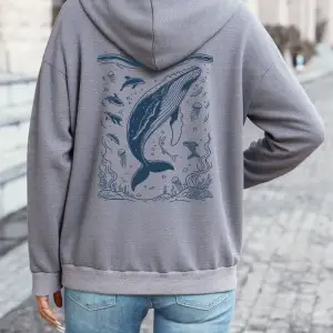 Kamburlu Balina Baskılı Kapüşonlu Üstler Kadın Rahat Bol Kazak Kışlık Polar Sıcak Sweatshirt