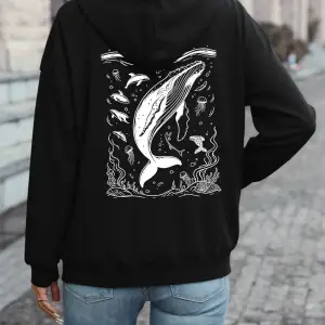 Kamburlu Balina Baskılı Kapüşonlu Üstler Kadın Rahat Bol Kazak Kışlık Polar Sıcak Sweatshirt