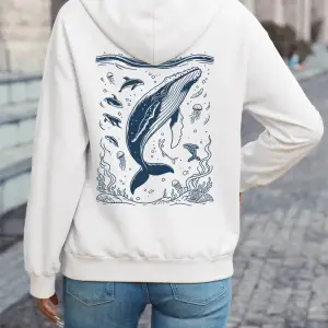 Kamburlu Balina Baskılı Kapüşonlu Üstler Kadın Rahat Bol Kazak Kışlık Polar Sıcak Sweatshirt