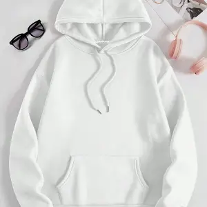 Kanguru Cepli İpli Kapşonlu Beyaz