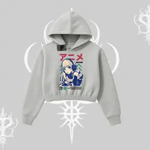 Kapşonlu Crop Sweatshirt Anime Kız Desenli Japon Tarzı