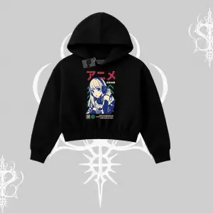 Kapşonlu Crop Sweatshirt Anime Kız Desenli Japon Tarzı