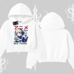 Kapşonlu Crop Sweatshirt Anime Kız Desenli Japon Tarzı