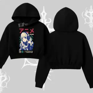 Kapşonlu Crop Sweatshirt Anime Kız Desenli Japon Tarzı