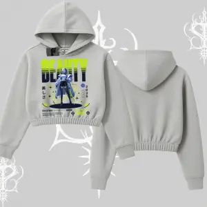 Kapşonlu Crop Sweatshirt Anime Unity Neon Detaylı Grafik Baskılı