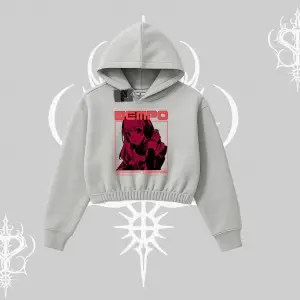 Kapşonlu Crop Sweatshirt Anime Waifu Kırmızı Grafik Desenli