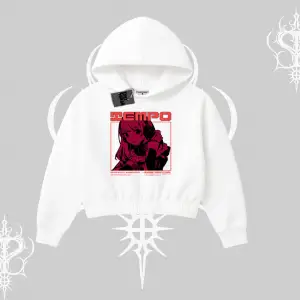 Kapşonlu Crop Sweatshirt Anime Waifu Kırmızı Grafik Desenli