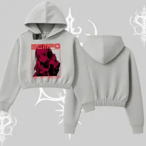 Kapşonlu Crop Sweatshirt Anime Waifu Kırmızı Grafik Desenli