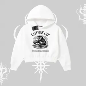 Kapşonlu Crop Sweatshirt Caffeine Cat Kahve Temalı Kedi Baskılı