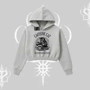 Kapşonlu Crop Sweatshirt Caffeine Cat Kahve Temalı Kedi Baskılı