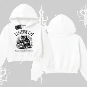 Kapşonlu Crop Sweatshirt Caffeine Cat Kahve Temalı Kedi Baskılı