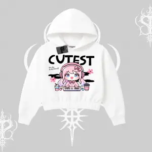 Kapşonlu Crop Sweatshirt Cute Anime Gamer Girl Baskılı
