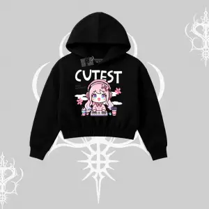 Kapşonlu Crop Sweatshirt Cute Anime Gamer Girl Baskılı