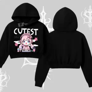 Kapşonlu Crop Sweatshirt Cute Anime Gamer Girl Baskılı