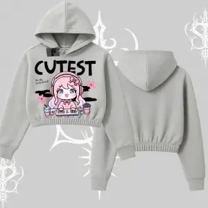 Kapşonlu Crop Sweatshirt Cute Anime Gamer Girl Baskılı