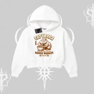 Kapşonlu Crop Sweatshirt Cute Capybara Enjoying Ramen Noodles Artwork