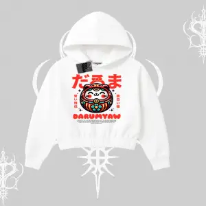 Kapşonlu Crop Sweatshirt Daruma Kedi Anime Baskılı