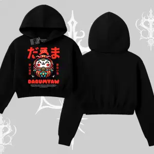 Kapşonlu Crop Sweatshirt Daruma Kedi Anime Baskılı
