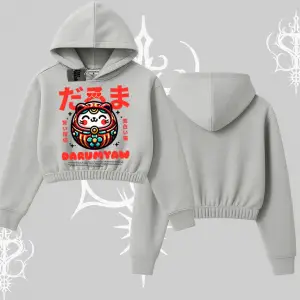 Kapşonlu Crop Sweatshirt Daruma Kedi Anime Baskılı