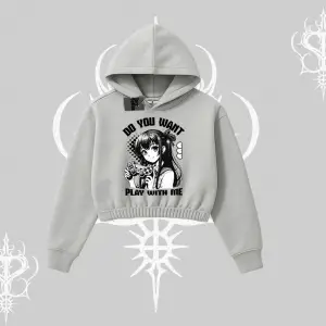 Kapşonlu Crop Sweatshirt Do You Want Play With Me Anime Kız Baskılı