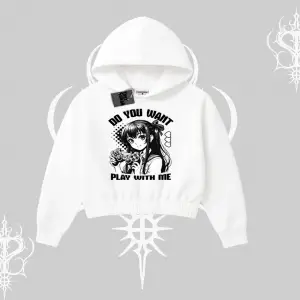 Kapşonlu Crop Sweatshirt Do You Want Play With Me Anime Kız Baskılı