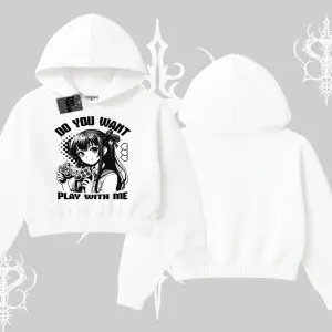 Kapşonlu Crop Sweatshirt Do You Want Play With Me Anime Kız Baskılı