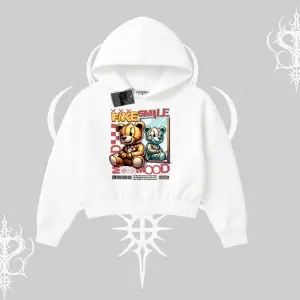 Kapşonlu Crop Sweatshirt Fake Smile Mood Ayıcık Grafik Baskılı