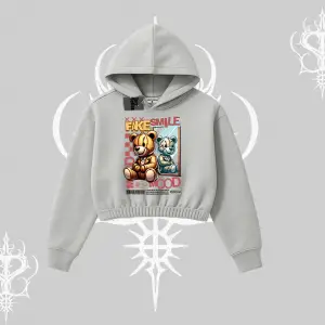 Kapşonlu Crop Sweatshirt Fake Smile Mood Ayıcık Grafik Baskılı