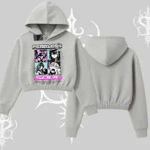 Kapşonlu Crop Sweatshirt Fearless Soul Anime Kolaj Baskılı