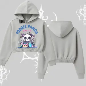Kapşonlu Crop Sweatshirt Foodie Panda Tatlı ve Sevimli Panda Baskılı