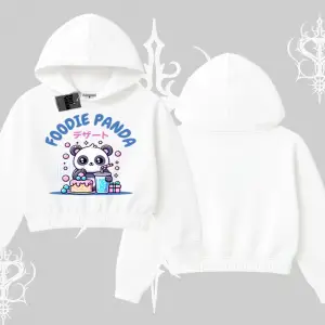 Kapşonlu Crop Sweatshirt Foodie Panda Tatlı ve Sevimli Panda Baskılı