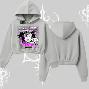 Kapşonlu Crop Sweatshirt Games Schoolgirl Anime Baskılı