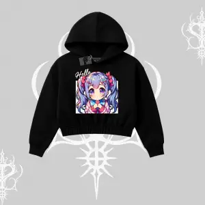 Kapşonlu Crop Sweatshirt Hello Anime Kız Sevimli Karakter Baskılı
