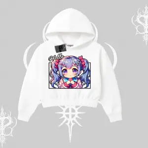 Kapşonlu Crop Sweatshirt Hello Anime Kız Sevimli Karakter Baskılı