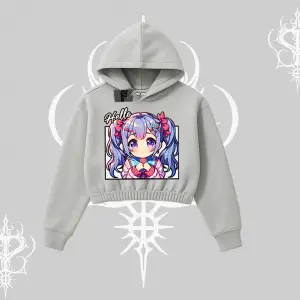 Kapşonlu Crop Sweatshirt Hello Anime Kız Sevimli Karakter Baskılı