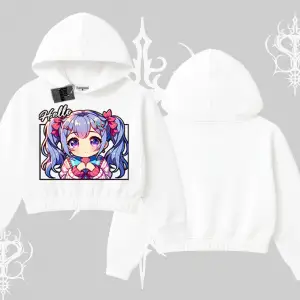 Kapşonlu Crop Sweatshirt Hello Anime Kız Sevimli Karakter Baskılı