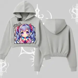 Kapşonlu Crop Sweatshirt Hello Anime Kız Sevimli Karakter Baskılı