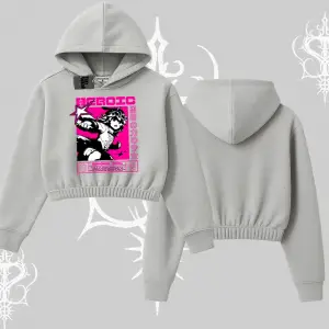 Kapşonlu Crop Sweatshirt Heroic Anime Girl Japon Stil Grafik Baskılı