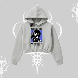 Kapşonlu Crop Sweatshirt Oversize Anime Kız Baskılı