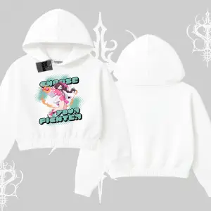 Kapşonlu Crop Sweatshirt Oversize  Anime Kız Desenli Japon Stil