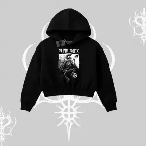 Kapşonlu Crop Sweatshirt Punk Rock Chaos Skeleton Riot