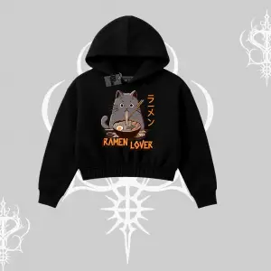 Kapşonlu Crop Sweatshirt Ramen Lover Kedi Anime Baskılı
