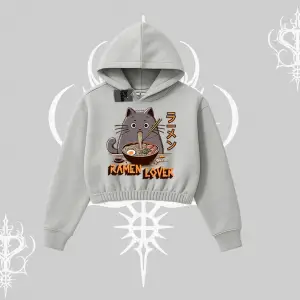 Kapşonlu Crop Sweatshirt Ramen Lover Kedi Anime Baskılı