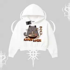 Kapşonlu Crop Sweatshirt Ramen Lover Kedi Anime Baskılı