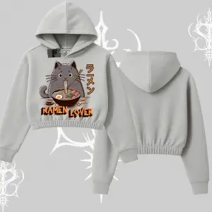 Kapşonlu Crop Sweatshirt Ramen Lover Kedi Anime Baskılı