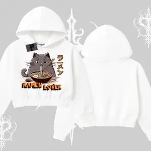 Kapşonlu Crop Sweatshirt Ramen Lover Kedi Anime Baskılı