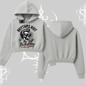 Kapşonlu Crop Sweatshirt Rhythms Riot Vintage Rockabilly Skull Street Aesthetic