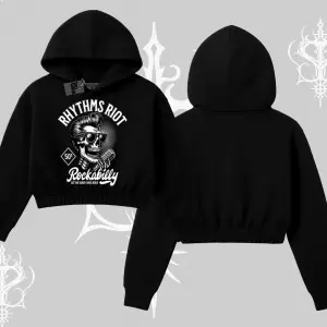 Kapşonlu Crop Sweatshirt Rhythms Riot Vintage Rockabilly Skull Street Aesthetic