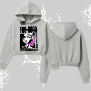 Kapşonlu Crop Sweatshirt Too Good Anime Girl Grafik Baskılı